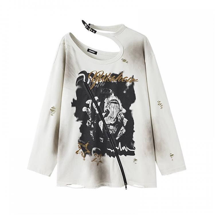 Zipper and Detail White Distressed Top with Cutout Shoulder
