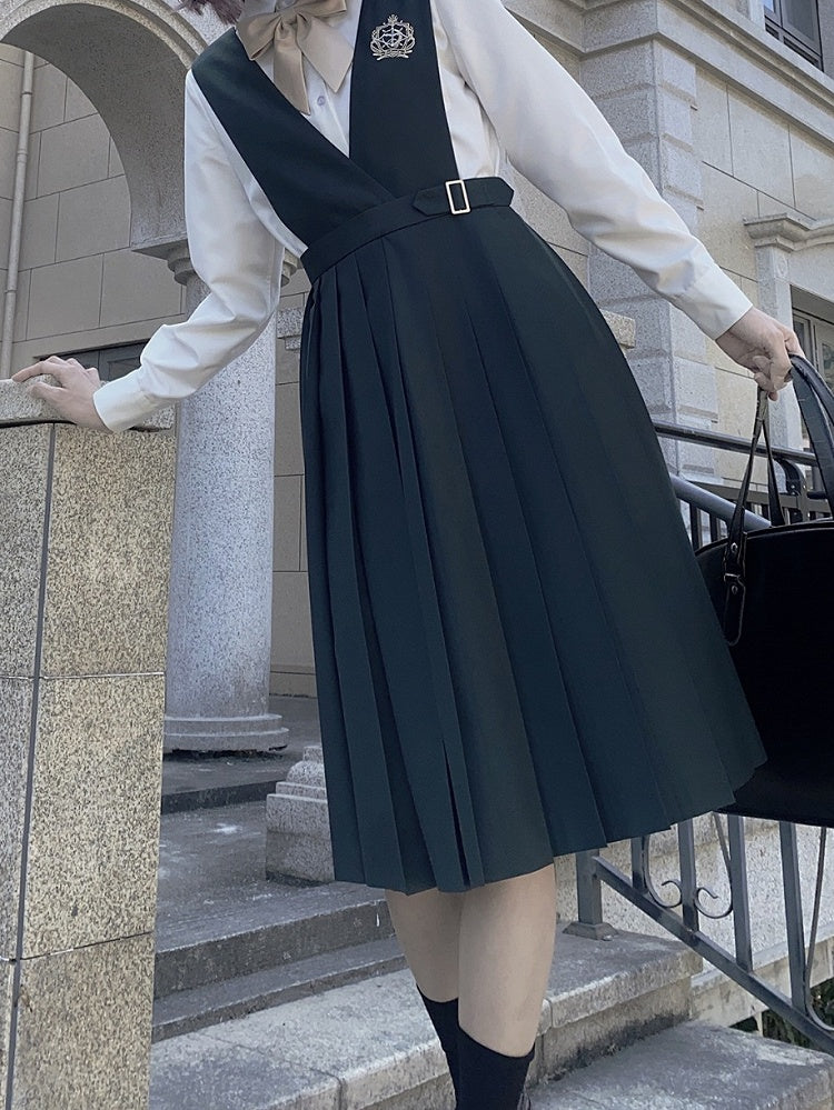 Green Belt with Embroidery 65 Preppy Overalls Box Pleat Skirt / and 70cm Dark