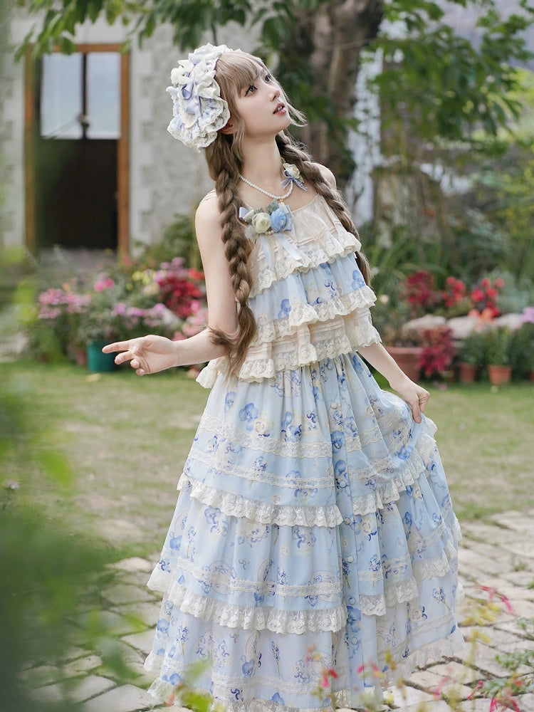 Print Top Cami Blue Floral Beige Tiered and