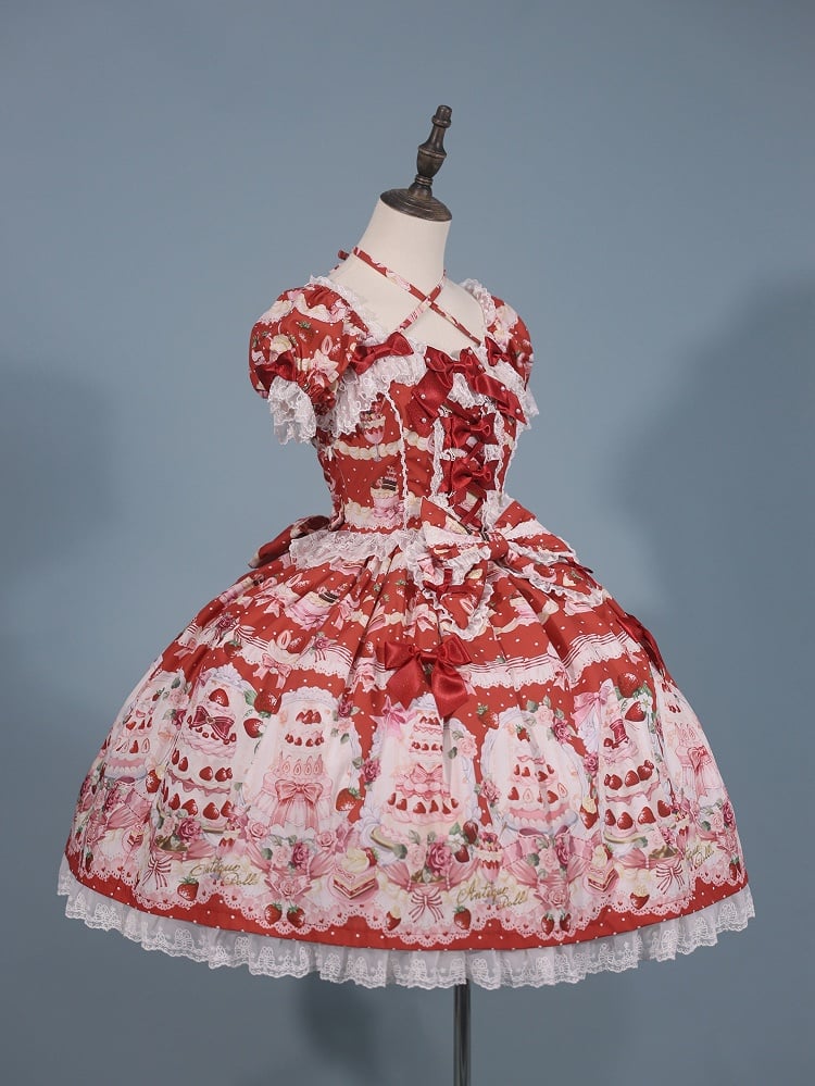 Set Sweet Print / Full Strawberry Lolita Bow Cake Dress Accents Red