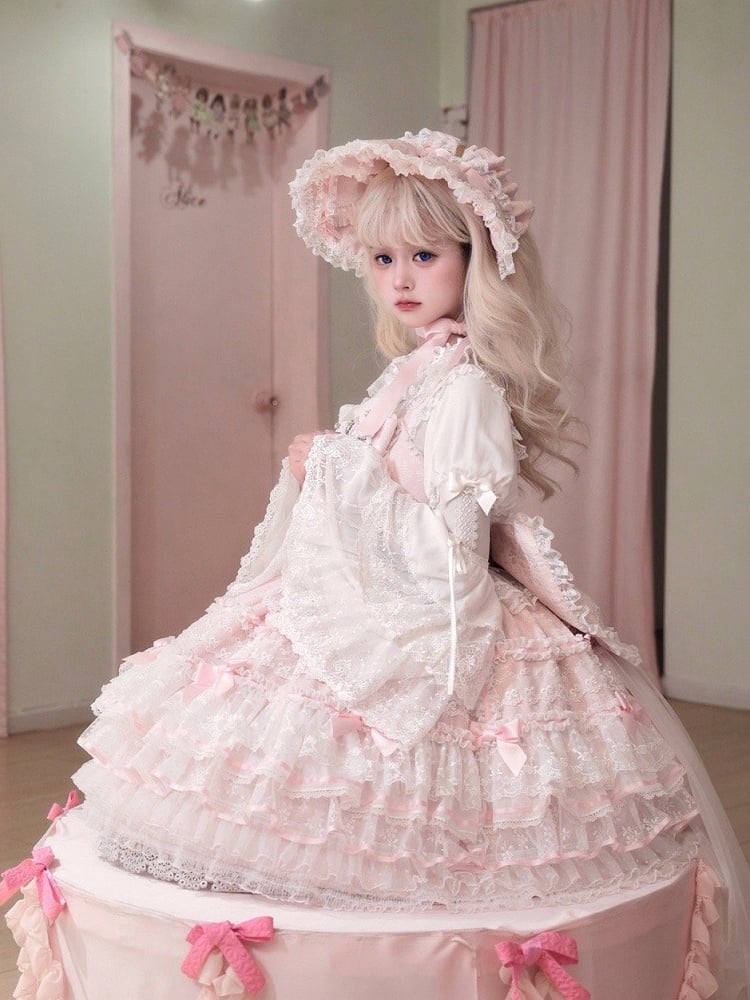 Rosa Lagenrock Hanayome Kleid Süßer Hime Lolita Pulloverrock mit abnehmbaren Schleifen