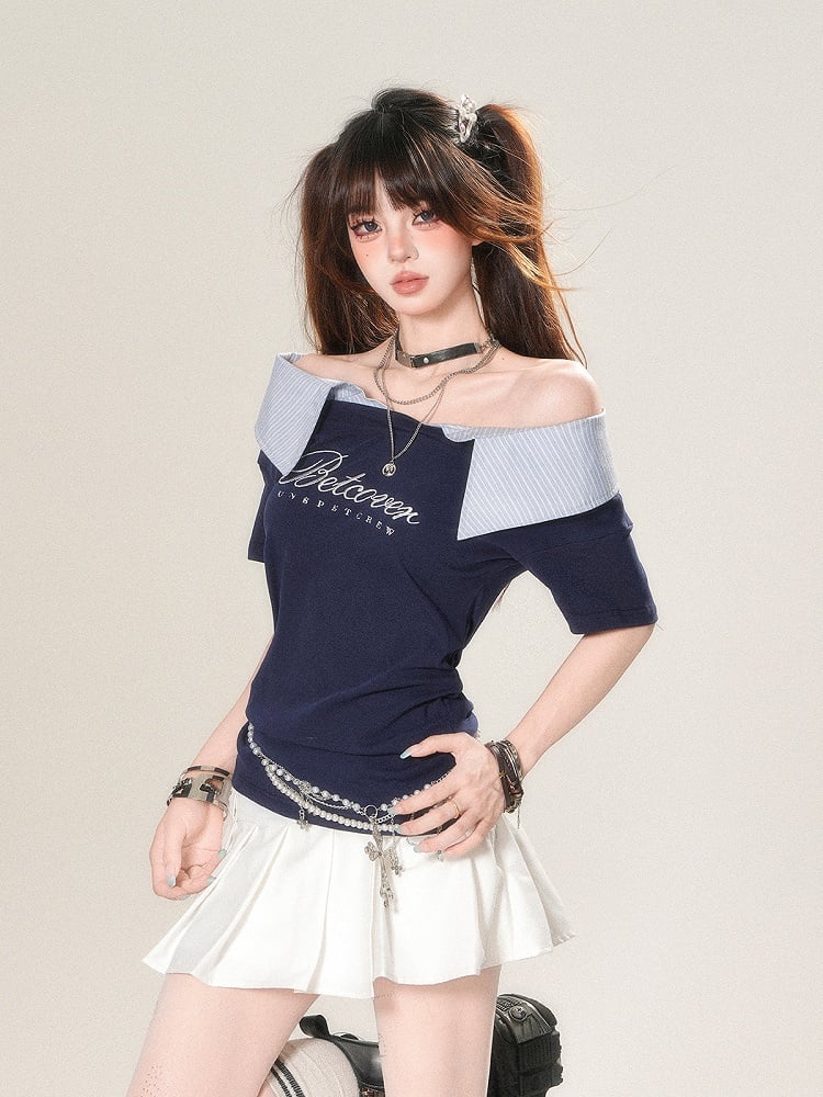 T-Shirt Foldover Navy Striped Neckline with Letter Blue Print Glamorous Collar - Asymmetrical