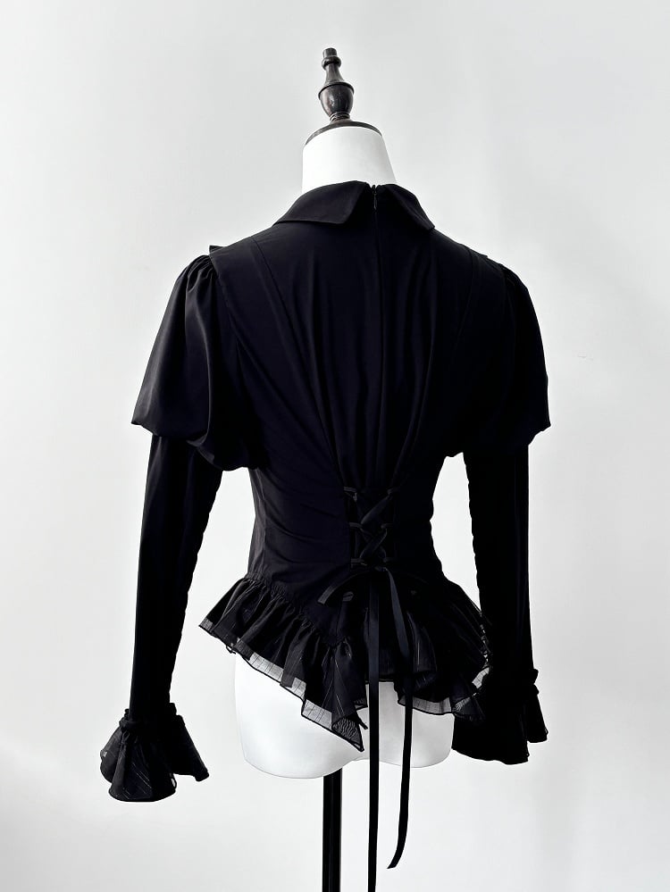 ブラックジュリエットスリーブモスウィングシェイプカラーブラウス