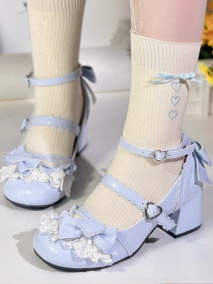 Sweet Buckle with Bow Shoes Janes - Lacework Lolita Details Blue Heart Mary