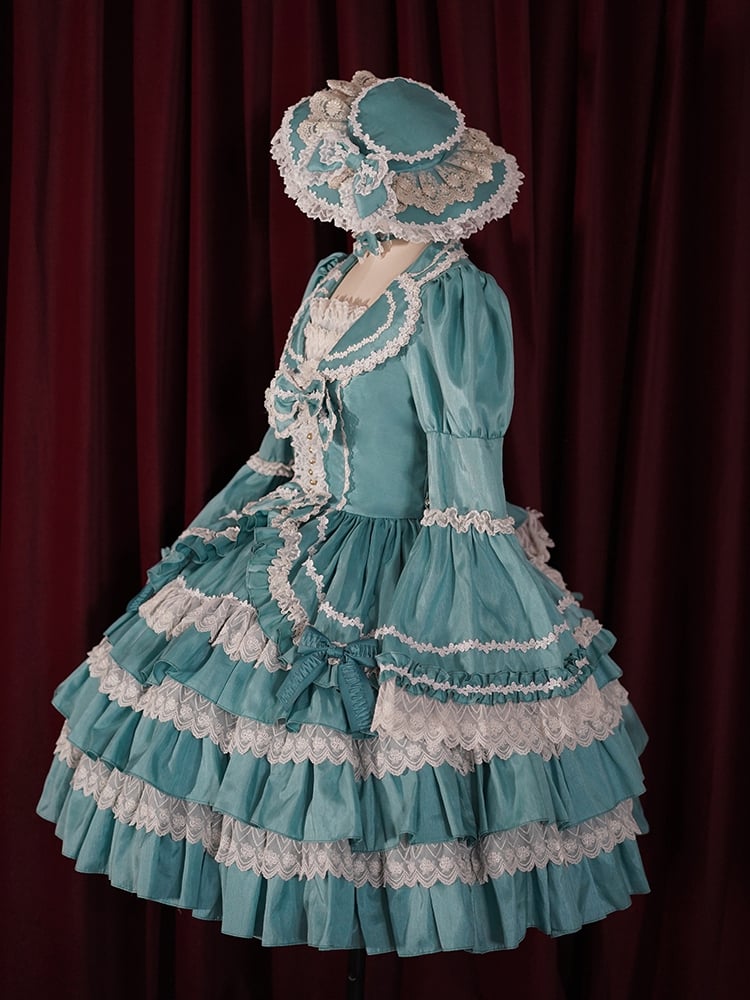 Türkisgrünes Lolita-Kleid mit Stufenrock und langen Ärmeln