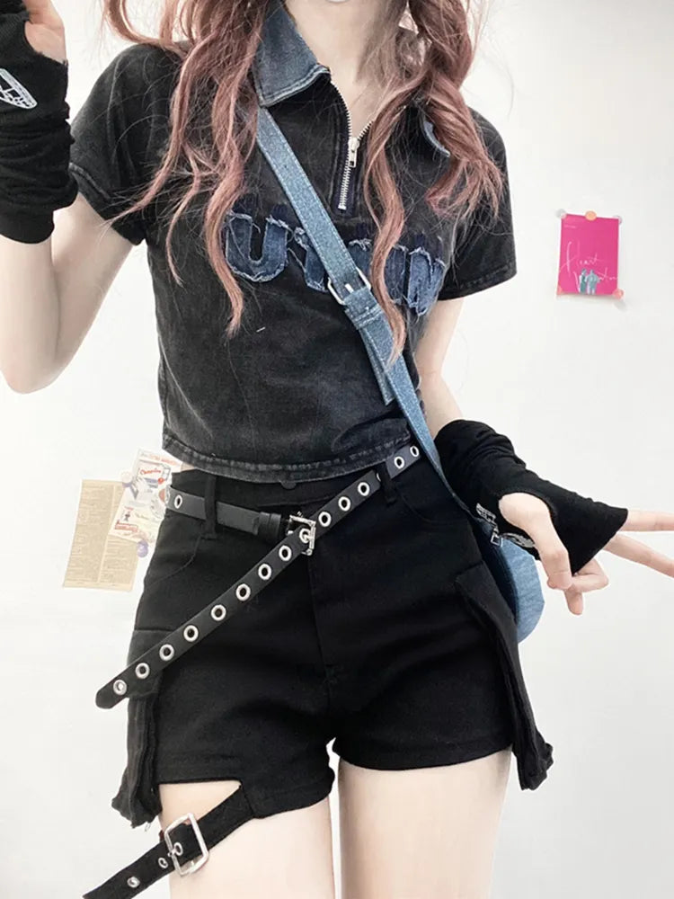 Pocket Black + Leg Star Warmers Denim Flared Design Cargo Shorts