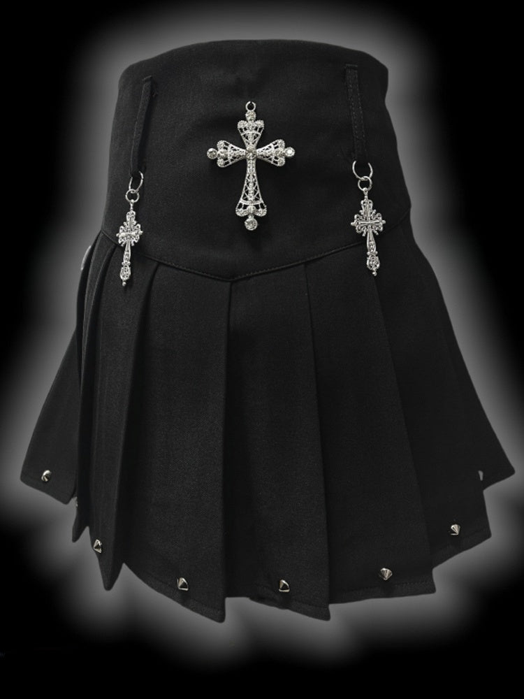 Y2K Black Cross Charms High Waist Studs Punk Pleated Skirt