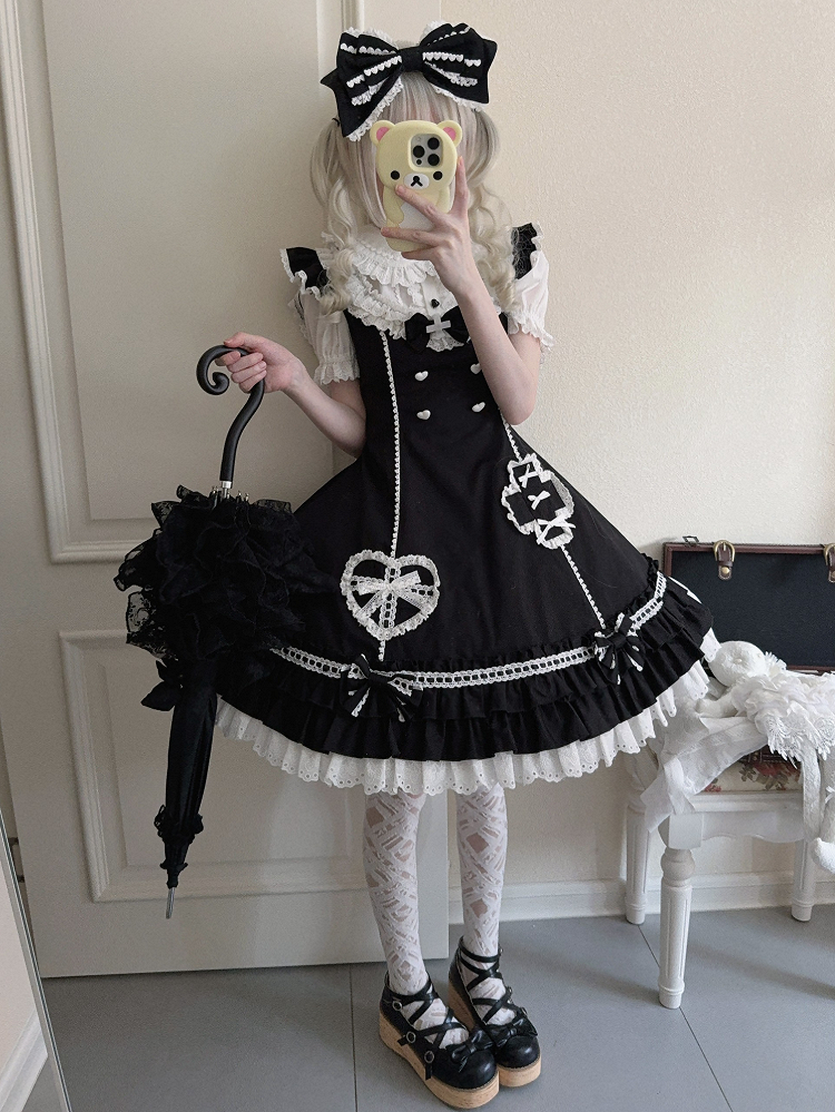 Trimmed Dress Neckline Straps Black Scalloped Flutter Lolita Nurse Eyelet Shoulder