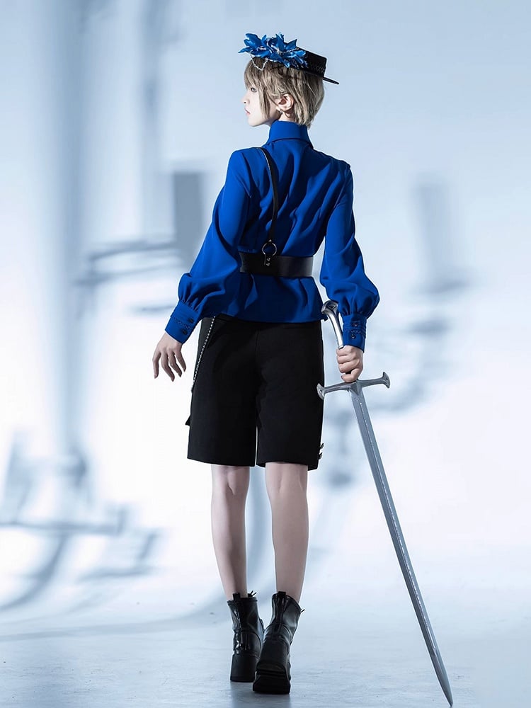 Long Klein Gray Blue and Point Collar Shirt Pleating Foldover Detailing Lace / Prince Sleeves