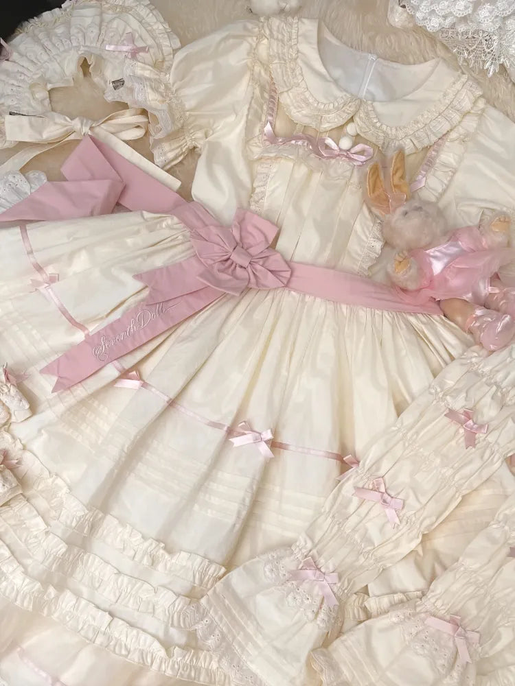 Lolita Pink Beige Peter Dress Cotton Bow and Collar Accents Pan