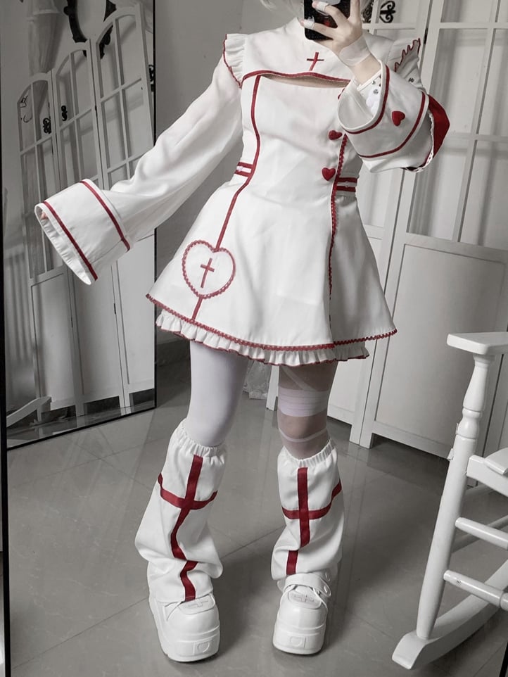 Maid Set: Halloween-themed Embroidery Buttons Cross Heart White Red Dress with + Kawaii Shorts Yami