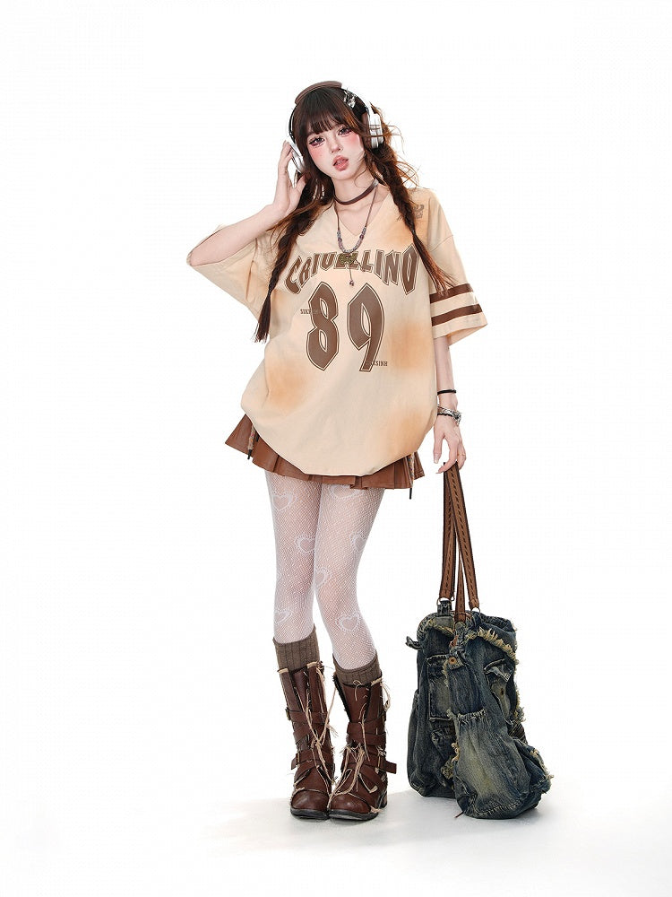 Mini Skirt Waist Box Pleat PU Brown High