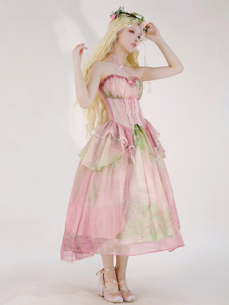 Tiered Flounce Hem Halter Boned Corset Top Pink Print Light Fairy Oil Painting