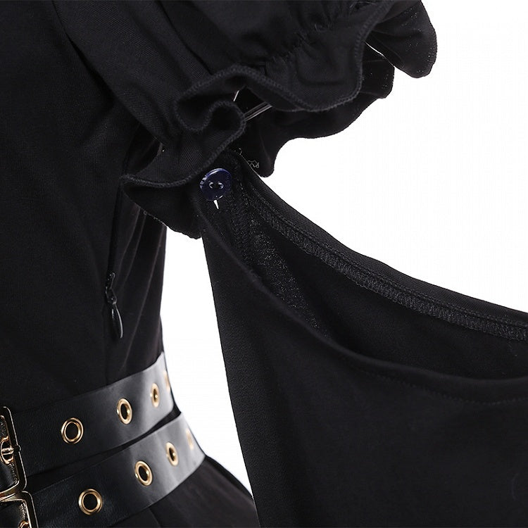 Robe noire Jirai Kei à manches détachables et bretelles à boucle à la taille, style mines terrestres