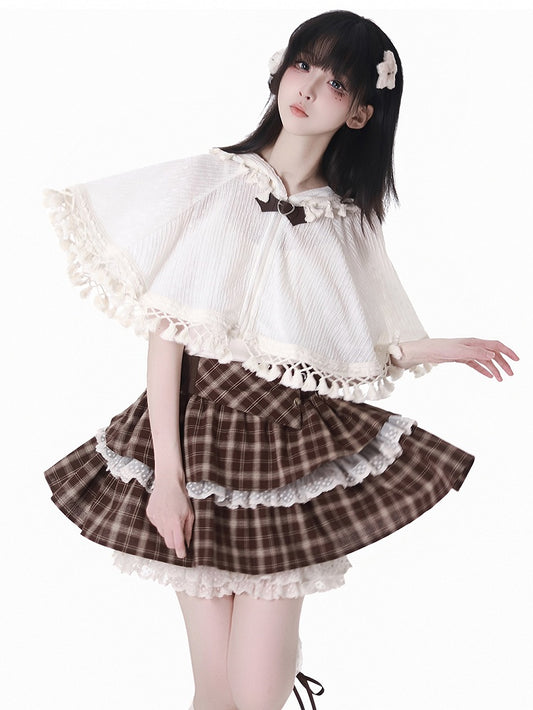 Beige Bohemian Tassel Hem Zip-up Cape with Cami Top Set