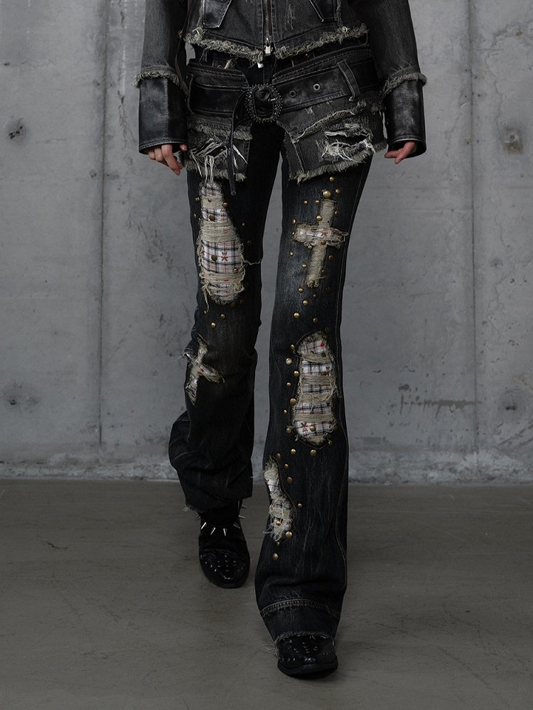 Plaid Distressed Patches Jeans Hem Punk with Frayed Black Wash Cross