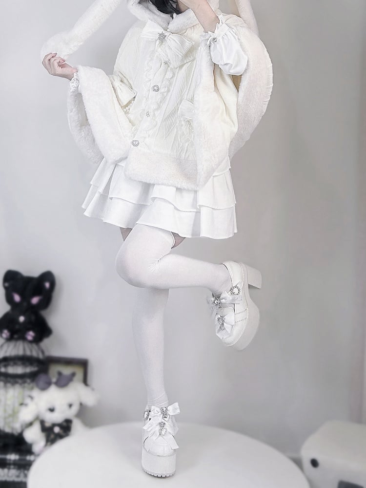 Hood Plush Cape Design Jirai Kei Beige Bunny Ears Bowknots Detachable