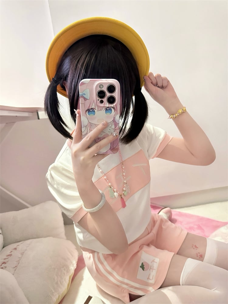 White Contrast Pink Trim Round Neck Strawberry Cropped Top