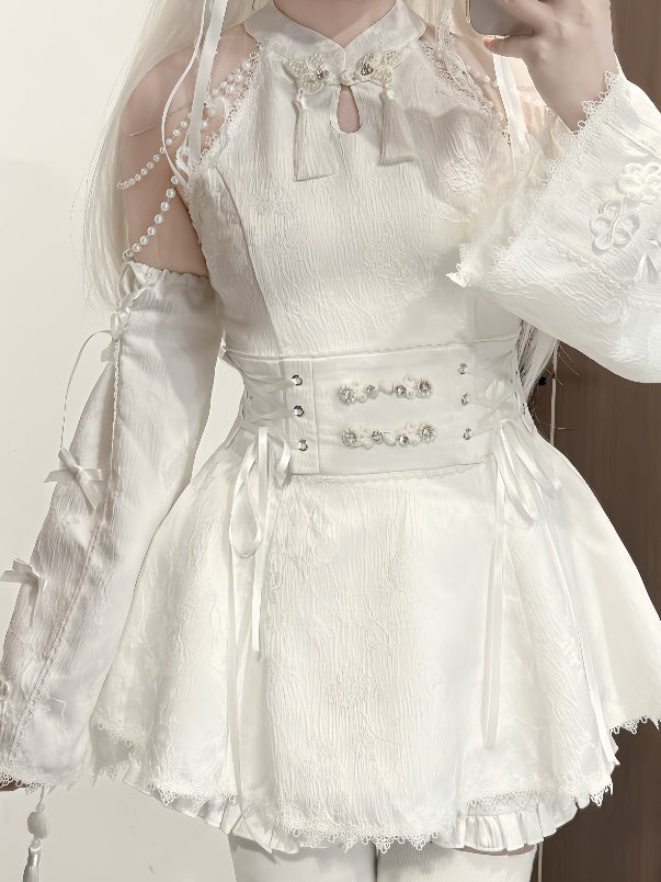Jirai Kei White Jacquard Cheongsam with Set Detacable Collar Waist Chain+Lace-up Top Beaded Shorts