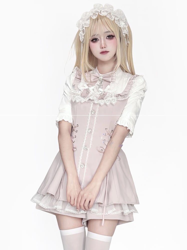 Coord Jirai Bow Bib Dress Kei Short Set: Pink Tie with Sleeve