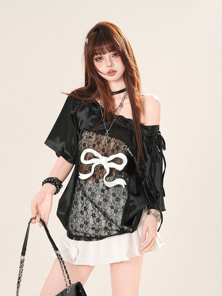 Black/White Big Off-the-shoulder T-shirt Lace Bow Patches Print Waist