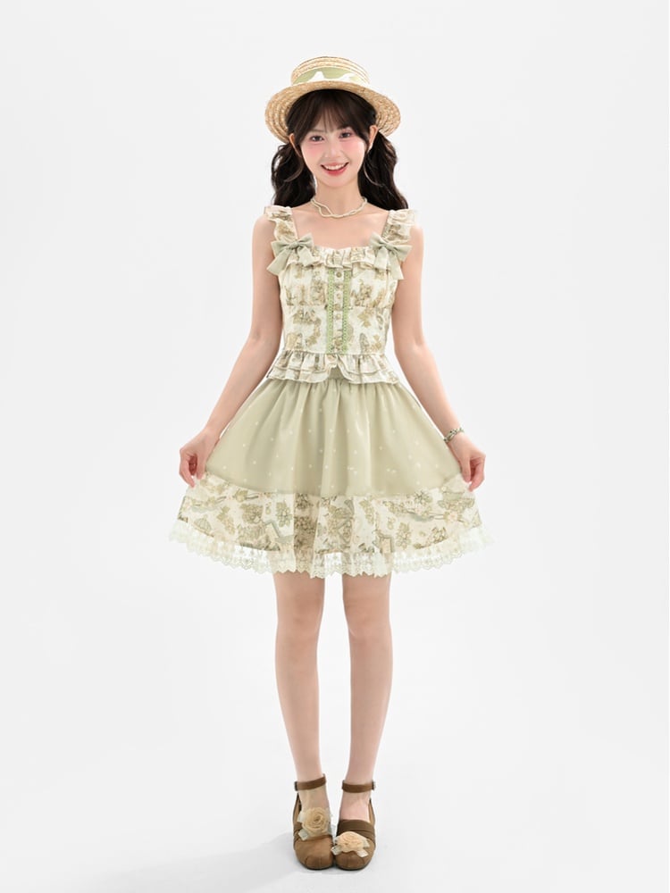 Light Green Vintage Grape Print Sleeveless Top with Detachable Bowknots