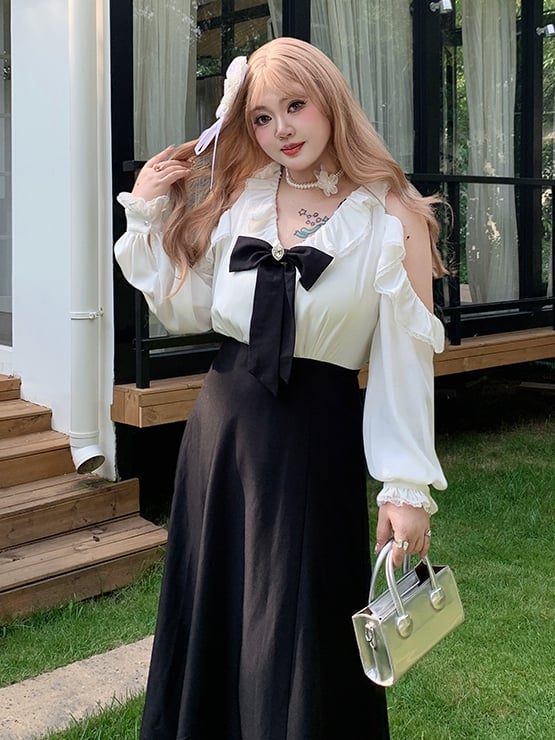 / Bowknot Abnehmbare Schulter Plus Größe Schwarz Taille Kleid Ausschnitt mit Hohe Rosa und