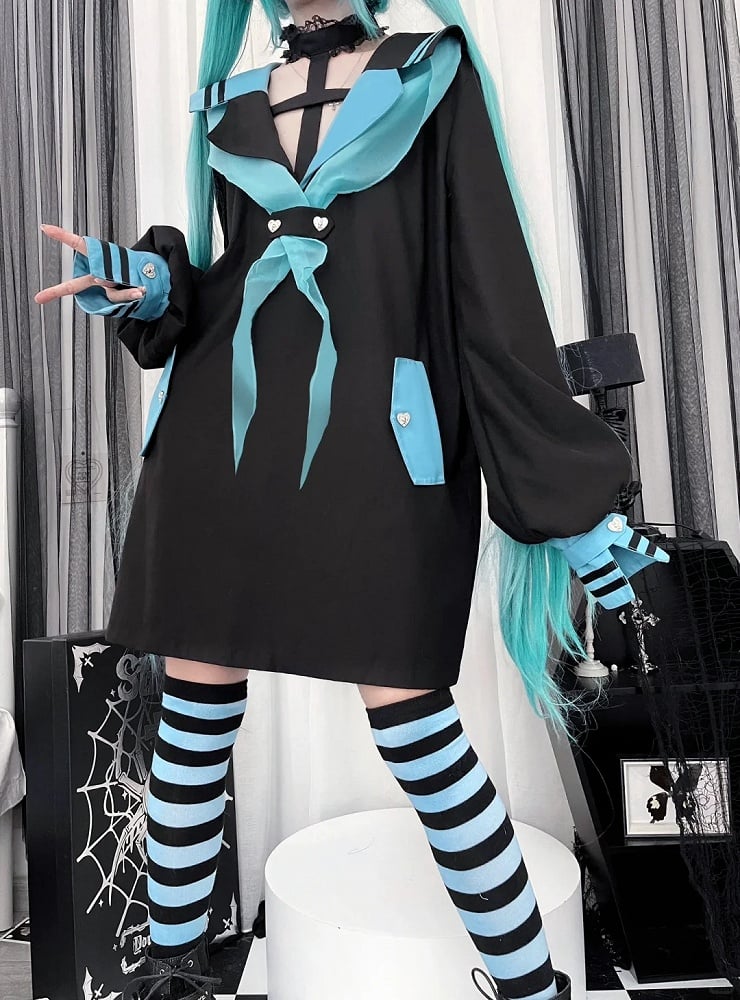 Style Landmine Black Futuristic Sailor Collar Cross Halter Neck Long Top with Contrast Green