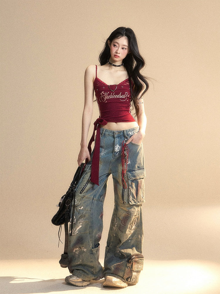 Side Cami Wine Red V-Neck Glamorous Cropped Top with Big Bow at