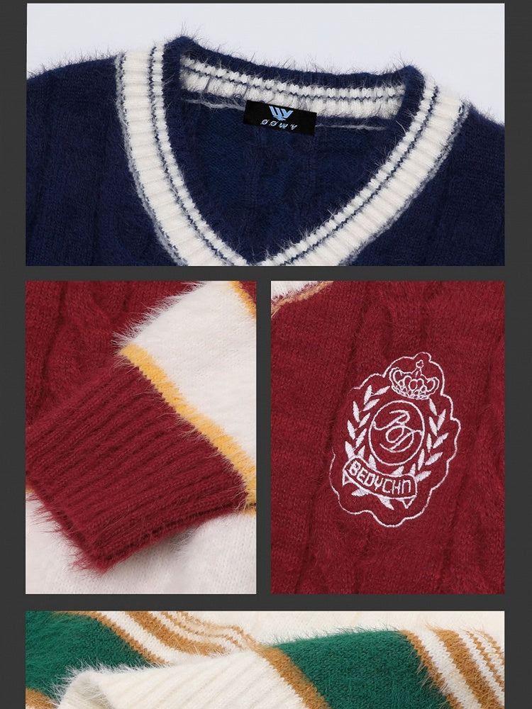Red/Blue/White V-neck Preppy Style Loose Sweater