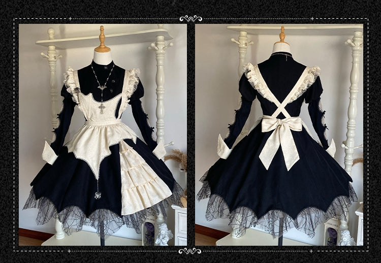 Schwarzes Lolita-Kleid mit geschwungenem Spinnennetz-Saum und beiger Schürze