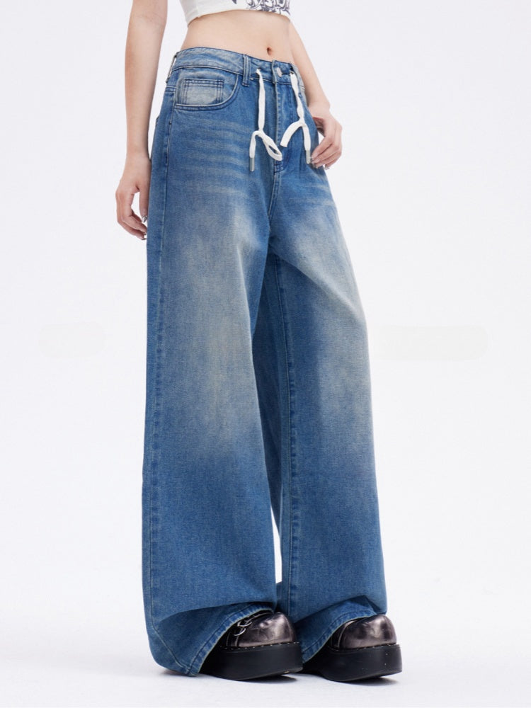 Low Vintage Wide-Leg Jeans Length Drawstring Floor Blue Waist