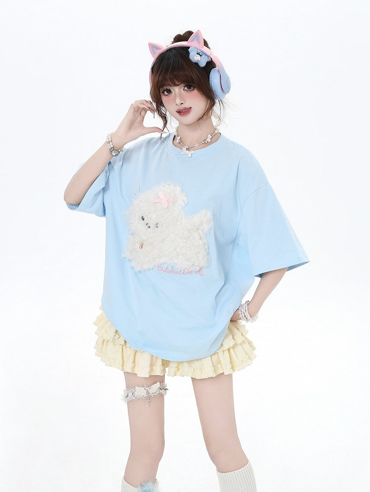 Black/Light Blue/Light Gray Plush Puppy Applique Loose T-Shirt