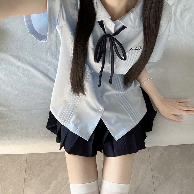 Stil Kurze Preppy Pan Weiß/Blau Peter Shirt Ärmel Version Faltendetails Kragen