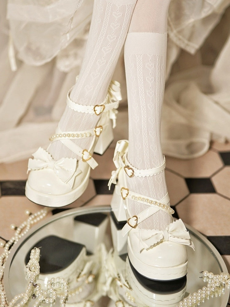 Platform Mary Block with Straps Crisscross - Janes Heel Buckle High Sweet Lolita White Heart Beaded