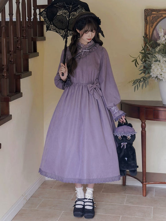 パープルスカロップトリムクロスオーバーネックラインドローストリングハンロリータドレス