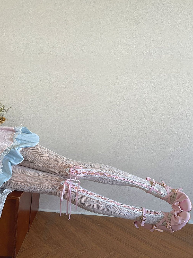 Pattern Floral White Design Hollow-out Tights Lace-up With Pink