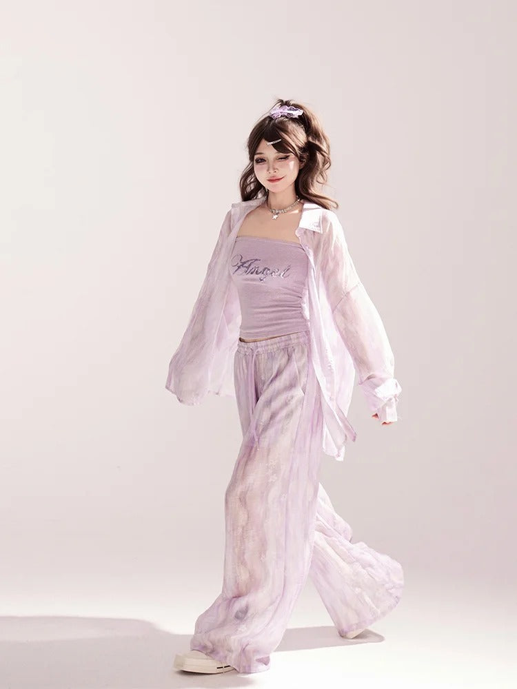 Light Waist Wide-leg Casual Loose Shirt / Pants Purple Drawstring