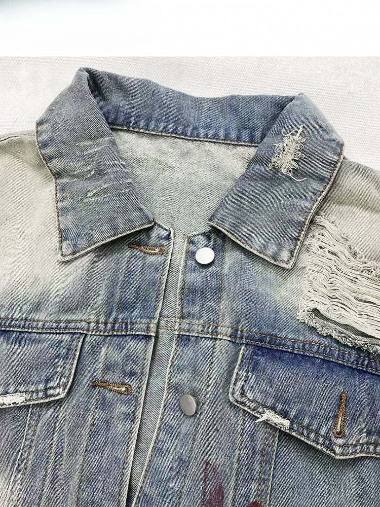 Design Jacket Holes Distressed Details Blue Print Light Denim