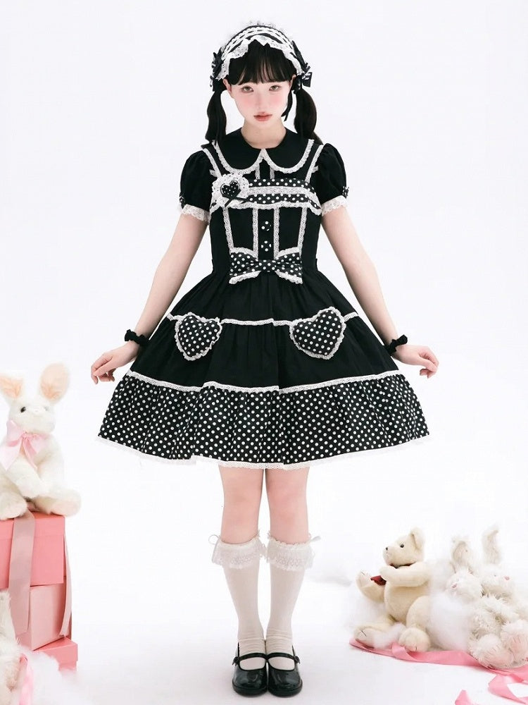 Dress School Polka Old Black Cotton White Dots Lolita