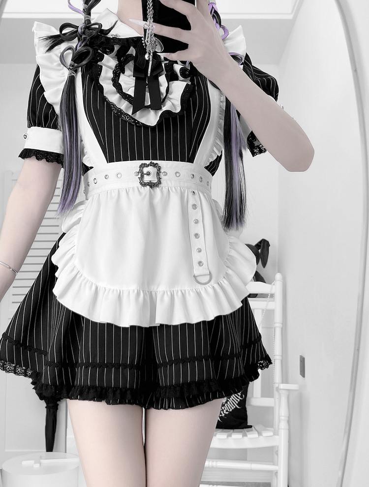 White Black and Kei Maid with Collar Jirai Stripes Shorts Set Peter Top Pan