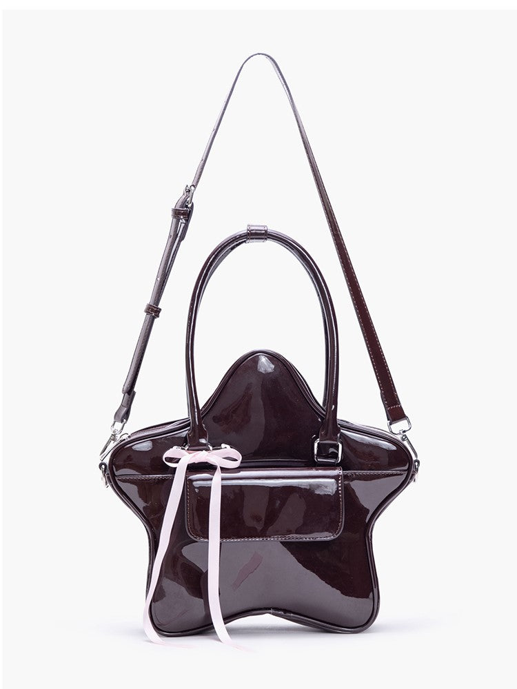 3-Way With Ribbon Bow Kawaii Glossy Black Star-Shaped Handbag