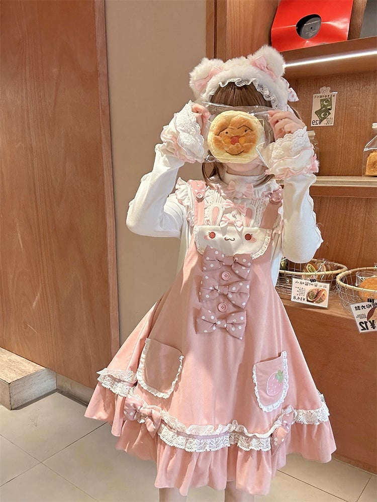 on Polka-dot Bowknot Lolita Jumper Skirt Details Bunny Ears Design Sweet Waist Hood Pink
