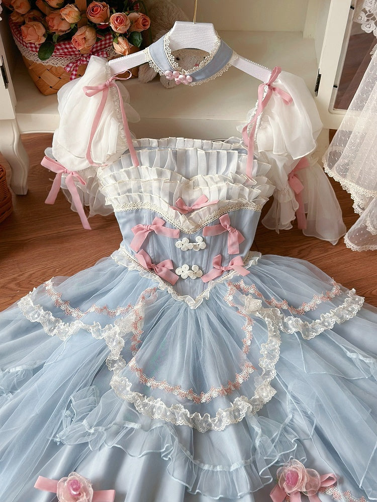 Ensemble complet Hanayome Lolita OP / taille basque bleue avec nœuds floraux