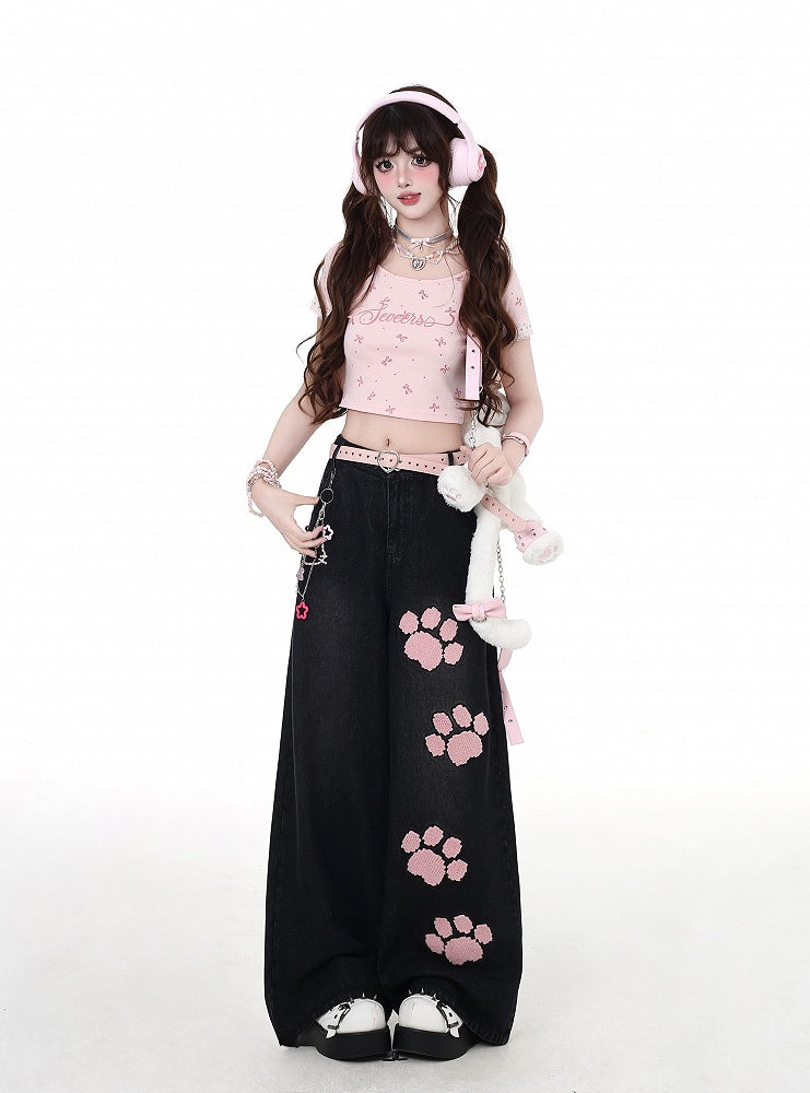 Waist Straight-Leg Jeans Pink Paw Embroidery Black Low