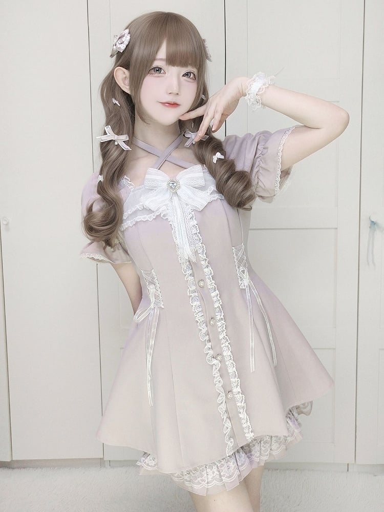 Kleider-Shorts-Set: Knöpfe, Herz-Coord + Sweet Kei Jirai mit hellrosa geformtem Neckholder
