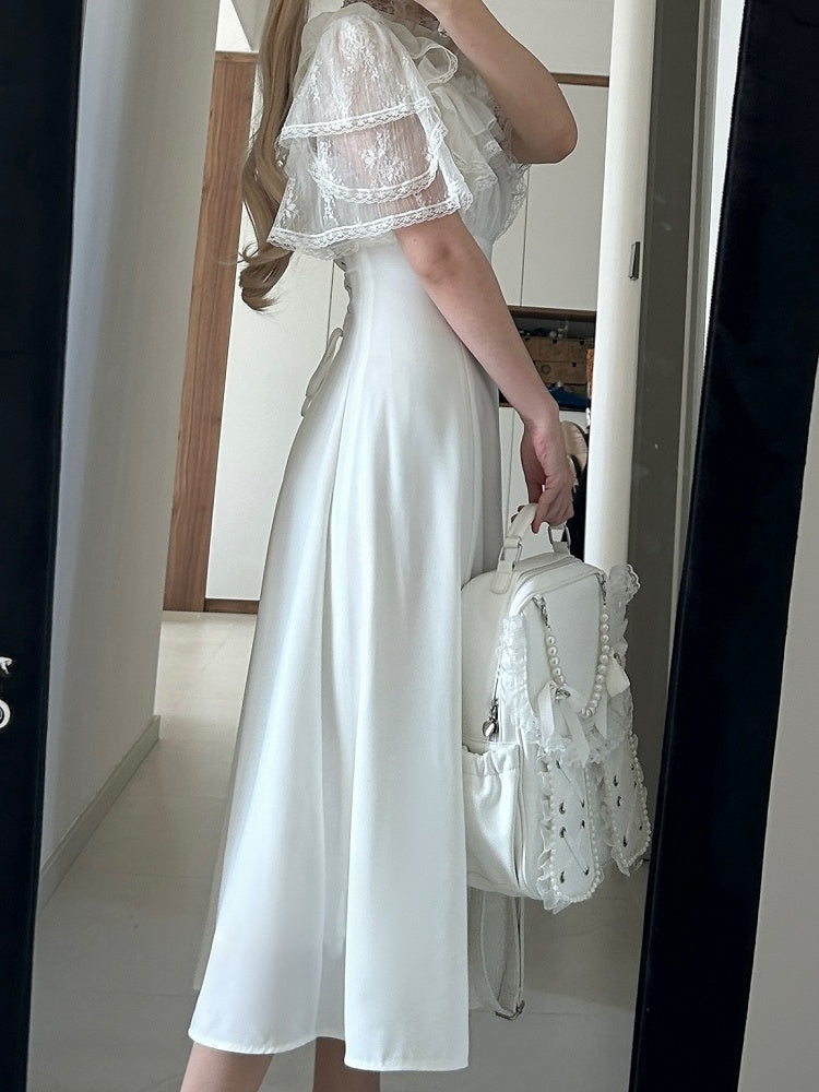 Jirai Kei Black/White Illusion Waist Neckline Ruffled High Lace Dress Trim