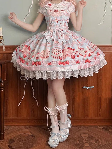 und Kleid Print Süßer Pullover Erdbeerblauer Rock Süßer Kuchen Lolita