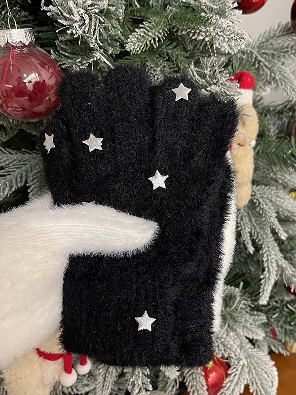 Black/White Lolita Star Plush Gloves