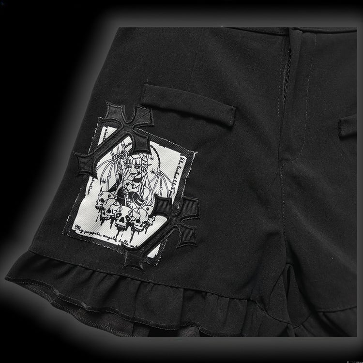 Gothic Black CrossPatches High Waist Ruffle Trim Shorts with Free Waist Chain